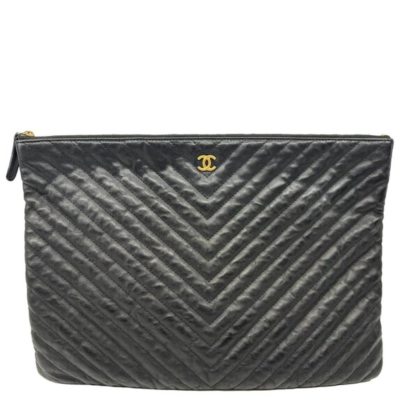 Chanel  O Clutch Chevron Leather Clutch Bag Black - Picture 1 of 14
